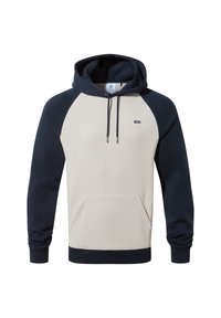 Hooded sweatshirt with cream front and navy raglan sleeves. Features a front pocket, drawstrings, and a small brand logo on the chest.