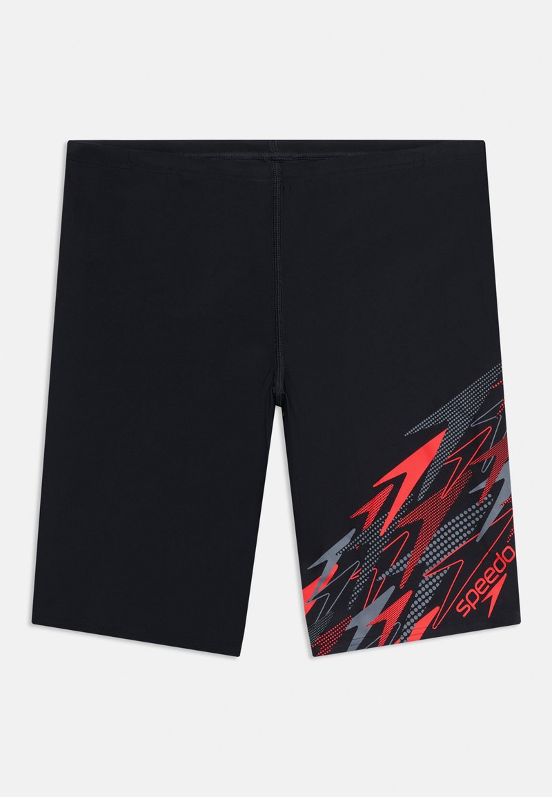 Μαύρο μαγιό μέχρι το γόνατο με κόκκινα και γκρι αφηρημένα σχέδια από βέλη στο δεξί πόδι και το λογότυπο «Speedo» σε κόκκινο χρώμα.