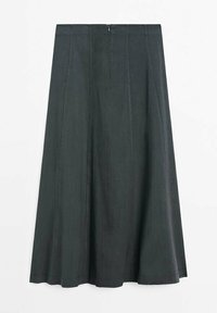 Jupe gris foncé à coupe évasée, avec des coutures verticales et une fermeture éclair au dos. Fabriquée en tissu léger avec une texture lisse.