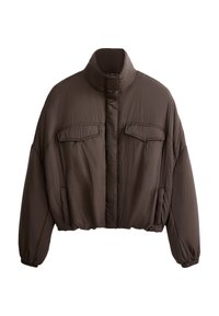 Brown cropped jacket with high collar, textured fabric, two front pockets, and elastic cuffs for a snug fit. Clean design with minimal accents.