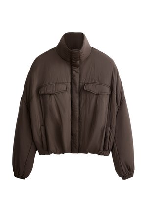 Brown cropped jacket with high collar, textured fabric, two front pockets, and elastic cuffs for a snug fit. Clean design with minimal accents.