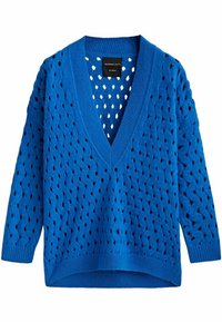 Niebieski dziergany sweter z dekoltem w serek, ozdobiony ażurowym wzorem i długimi rękawami. Wykończony ściągaczami przy mankietach i na dole. Wykonany z lekkiego, przewiewnego materiału.