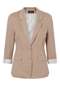 Béžový dámský blazer s dvěma knoflíky, klopovým límcem, předními kapsami s klopou a vyhrnutými rukávy, které odhalují bílou podšívku s tenkými vertikálními pruhy.