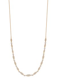 Złocona naszyjnik z linkami w kształcie marquise, ozdobionymi przezroczystymi cyrkoniami, podkreślający gładką fakturę i elegancki design.