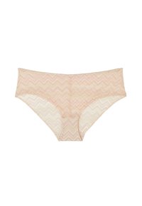 Slip da donna rosa e crema con un motivo zigzag a zigurrat, realizzato in morbido materiale testurizzato, caratterizzato da bordi senza cuciture e una vestibilità a vita media.