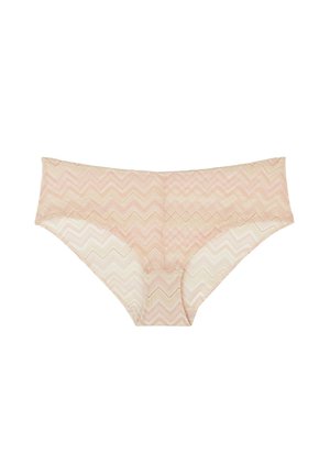 Slip da donna rosa e crema con un motivo zigzag a zigurrat, realizzato in morbido materiale testurizzato, caratterizzato da bordi senza cuciture e una vestibilità a vita media.