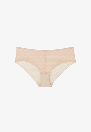 Slip da donna rosa e crema con un motivo zigzag a zigurrat, realizzato in morbido materiale testurizzato, caratterizzato da bordi senza cuciture e una vestibilità a vita media.