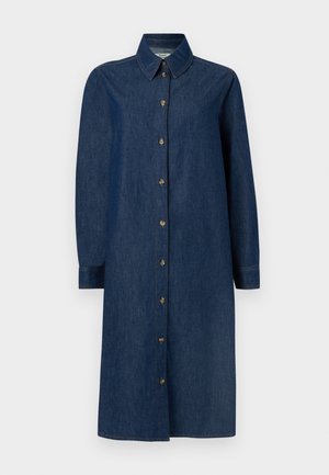 Langermet mørkeblå denimskjortekjole med krage og knappestolpe med hel lengde foran.