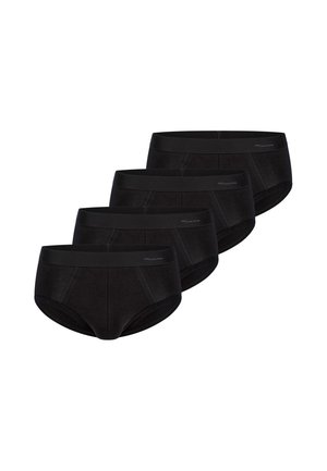 Quattro slip da uomo in cotone nero disposti in fila sfalsata su sfondo bianco.