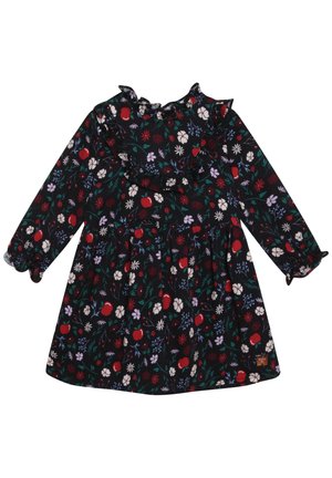 Blomstret kjole med lange ærmer, flæsekant ved halsen, sort baggrund og flerfarvede blomsterprint; har elastiske manchetter og slå-om nederdel.