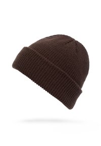 Brown knitted beanie with a ribbed texture and a folded cuff, featuring a subtle pattern on the crown and a rounded shape.