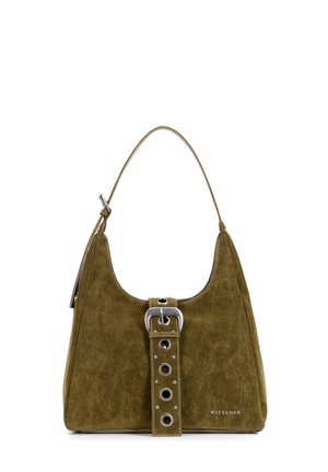 Olivgrüne Wildleder-Schultertasche mit breitem Schnallenriemen und silbernen Ösen, mit einem einzelnen oberen Griff und Wittchen-Logo.