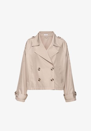 Giacca trench beige doppiopetto con colletto a rever, polsini abbottonati, due tasche frontali e tessuto liscio e leggero.