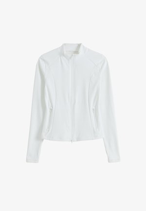 White long-sleeve zip-up jacket with high collar and two vertical zippered pockets on the front sides.