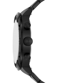 Schwarze Chronographuhr mit matter Oberfläche, rundem Gehäuse, drei Drückern an der Seite und einem glatten, flachen Mineralglasscheibe.