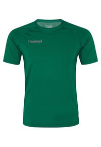 Grünes kurzärmliges Sporthemd aus atmungsaktivem Material. Mit rundem Ausschnitt und silbernem Hummel-Logo auf der linken Brust.
