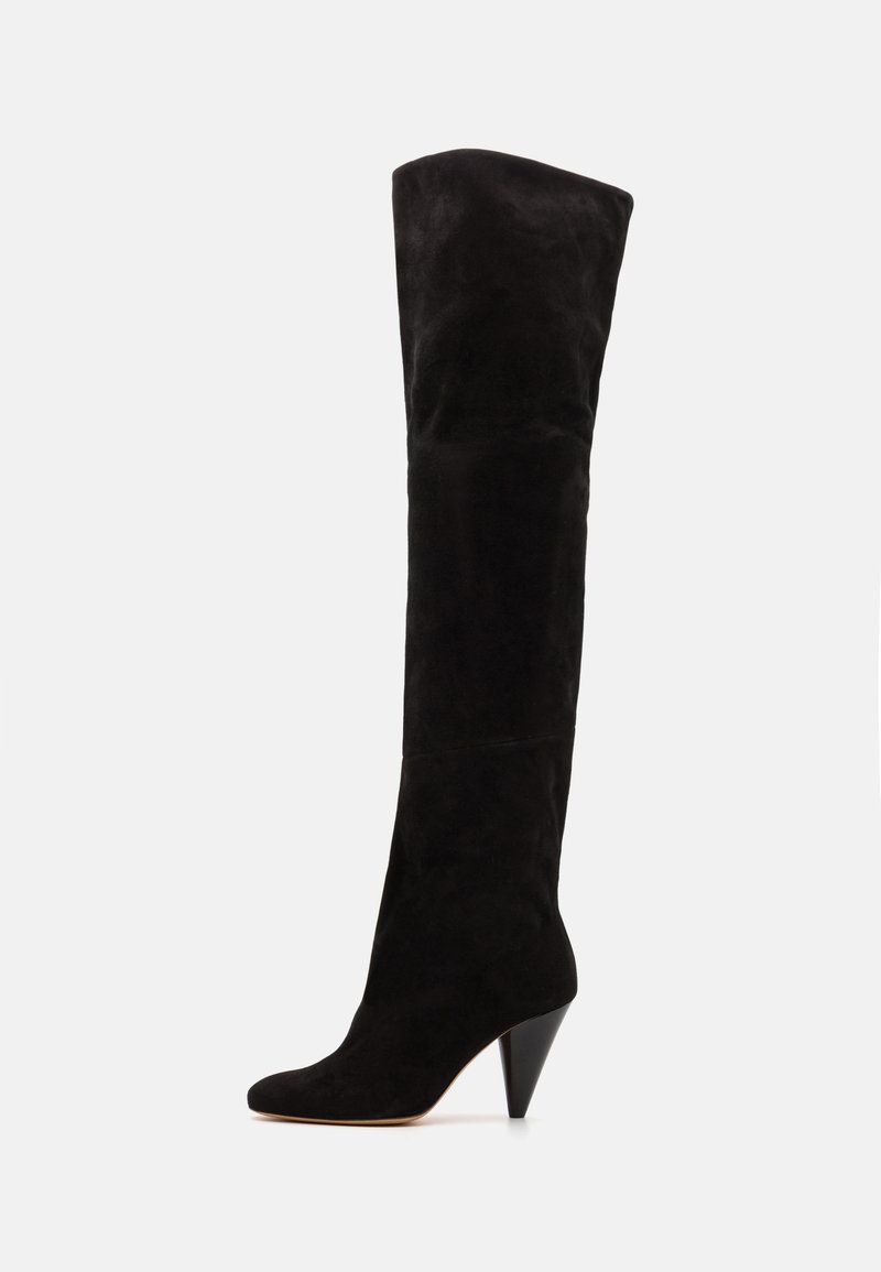 Black suede over-the-knee boots with a pointed toe and a cone-shaped heel, featuring a smooth texture and fitted design.