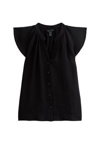 Blusa negra de botones con mangas tipo capucha, de tejido texturizado y un corte relajado. Presenta un escote redondeado y siete botones en la parte frontal.