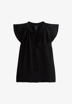 Svart knappad blus med korta ärmar, strukturerad tyg och avslappnad passform. Har en rundad halsringning och sju framknappar.