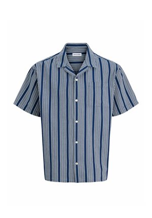 Herren-Kurzarm-Hemd mit vertikalem navy-weiß gestreiftem Muster und einer kleinen Brusttasche.