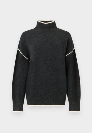 Tumehall villane sviiter kõrge kaelusega, valgete dekoratiivõmblustega varrukate ja äärte juures, langenud õlgade ja lõdva lõikega.