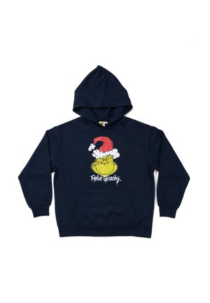 Navy blue hoodie with a front pocket featuring a Grinch face wearing a red Santa hat and the text "Feelin' Grinchy."
