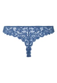 Kanten string in gedempt blauw. Bloemenkantpatroon met golvende randen. Zachte textuur en minimale bedekking met een T-rug ontwerp.