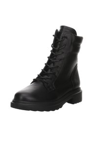 Černé kožené kotníkové boty s šněrováním, kulatou špičkou a masivní podrážkou. Mají texturovaný povrch a polstrovaný límec pro pohodlí.