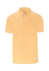 Polo in giallo chiaro, realizzato in cotone morbido, con colletto, pattina con tre bottoni e un piccolo etichetta con logo sull'orlo.