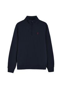 Marineblauwe fleece half-zip pullover met lange mouwen. Heeft een klein rood logo op de borst en ribgebreide mouwen en zoom. Zachte textuur.