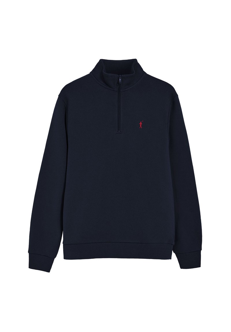 Marineblauwe fleece half-zip pullover met lange mouwen. Heeft een klein rood logo op de borst en ribgebreide mouwen en zoom. Zachte textuur.