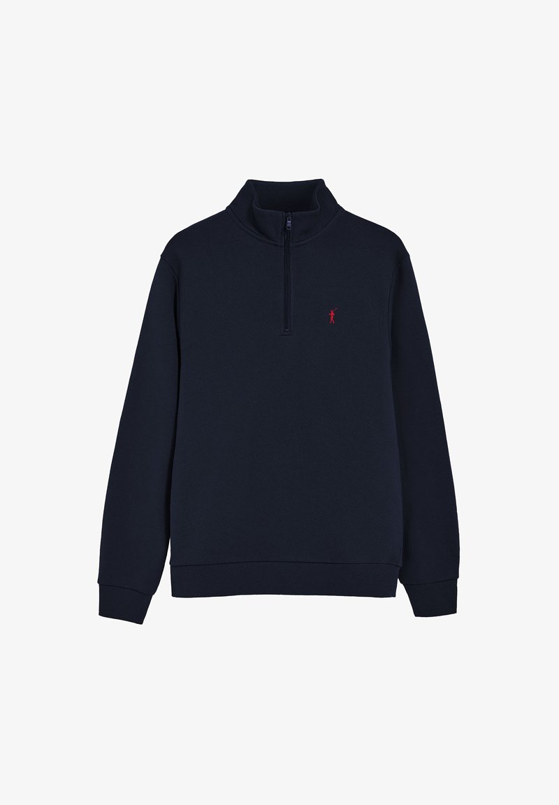 Granatowy polarowy półzap z długimi rękawami. Posiada małe czerwone logo na piersi oraz ściągacze na mankietach i u dołu. Miękka tekstura.