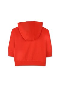 Felpa rossa con cappuccio e maniche corte, realizzata in tessuto morbido. Presenta bordi a costine e un cappuccio arrotondato. Texture liscia, senza ulteriori dettagli.