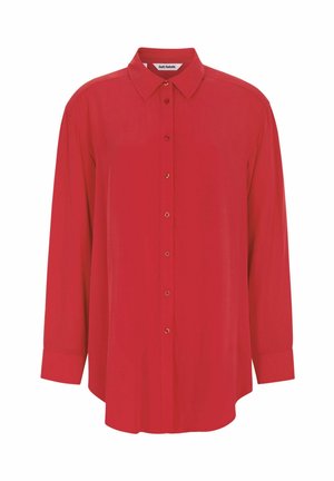 Rode lange mouwen shirt met een knoopsluiting aan de voorkant, kraag en gouden knopen. Gemaakt van lichtgewicht stof, met een relaxte pasvorm en een afgeronde onderkant.
