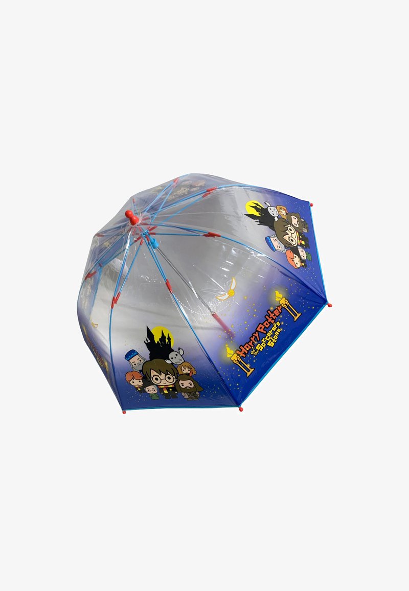 Blue umbrella with cartoon characters from a fantasy series, transparent panels, red accents, and a gradient design from blue to clear.