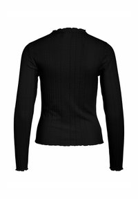 Μαύρο τοπ με μακριά μανίκια και ριμπ υφή, διαθέτει στρογγυλή λαιμόκοψη και βολάν στο τελείωμα των μανικιών, εφαρμοστή γραμμή με λεία επιφάνεια.