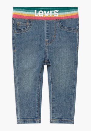 Levis denim leggings med en blå vask, der har en ribbet multifarvet linning og traditionelle jeanslommedetaljer.