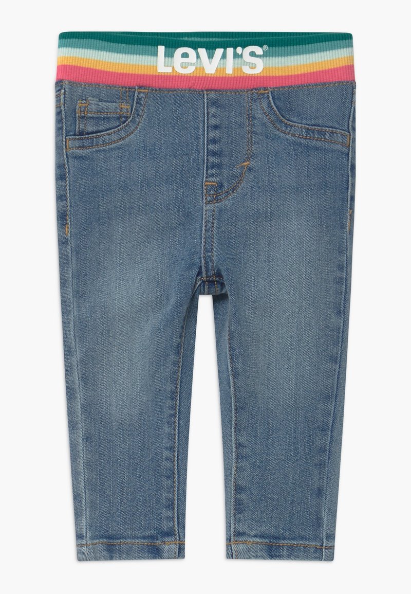 Leggings en denim Levi's avec une teinte bleue, dotés d'une ceinture côtelée multicolore et des détails traditionnels de poches de jean.