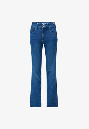 Pantalones vaqueros de mujer azul de talle alto con doble botón, trabillas para cinturón, bolsillos delanteros y traseros, y un diseño de pierna ligeramente acampanada.