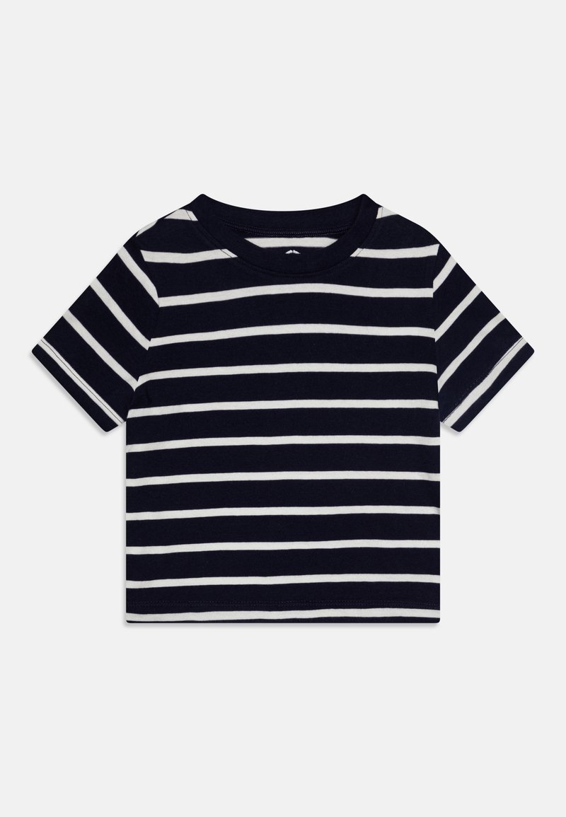 Kortärmad marinblå t-shirt med horisontella vita ränder, rund halsringning och mjukt bomullstyg. Klassisk avslappnad design.