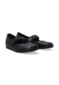 Czarne skórzane buty Mary Jane z zaokrąglonym noskiem, regulowanym paskiem i płaską gumową podeszwą dla komfortu. Gładka faktura, minimalistyczny design.