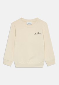Felpa beige con colletto a girocollo a costine, maniche lunghe e polsini a costine, caratterizzata da un logo nero ricamato sul petto.