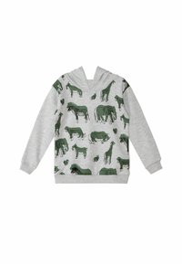 Felpa con cappuccio in tessuto grigio chiaro con un motivo di vari animali verdi, tra cui elefanti, zebre e giraffe.