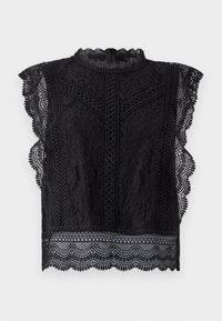 Musta pitsitoppi, jossa on aallotetut hihat, korkea kaula-aukko ja monimutkaiset kukkakuviot. Takana on vetoketjukiinnitys ja kerroksellisia muotoiluyksityiskohtia.