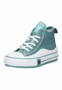 Zapatillas altas de lona color teal con puntera y suela de goma blanca. Ojetes de metal, cordones y detalles cosidos en el collar.
