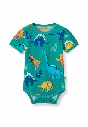 Salopetă pentru bebeluși turcoaz cu dinozauri colorați din desene animate, mâneci scurte, nasturi capse la umeri și în zona inghinală, etichetă de marcă în interiorul gulerului.