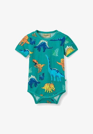 Peto de bebé turquesa con dinosaurios de dibujos animados coloridos, mangas cortas, botones a presión en los hombros y la entrepierna, etiqueta de la marca en el interior del cuello.