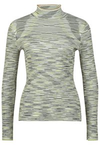 Pitkähihainen korkeakauluksinen paita tekstuurikankaasta. Siinä on harmaan ja vaaleankeltaisen epäsäännöllisten raitojen kuvio. Kiinteä muotoilu, jossa on halkiot helmoissa.