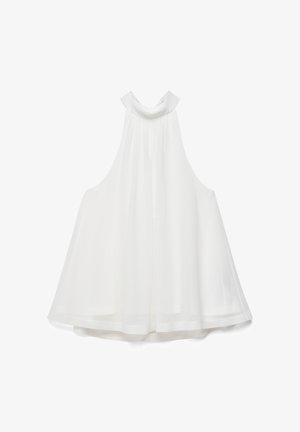 Hihaton valkoinen poolokauluksellinen mekko, jossa on löysä, virtaava A-linjainen siluetti ja kerätty kangas yksityiskohtana kaula-aukossa.