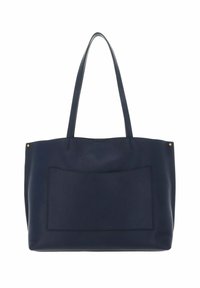 Sac tote en cuir bleu marine avec deux poignées, une finition texturée et une poche avant. Présente des accents en métal doré.